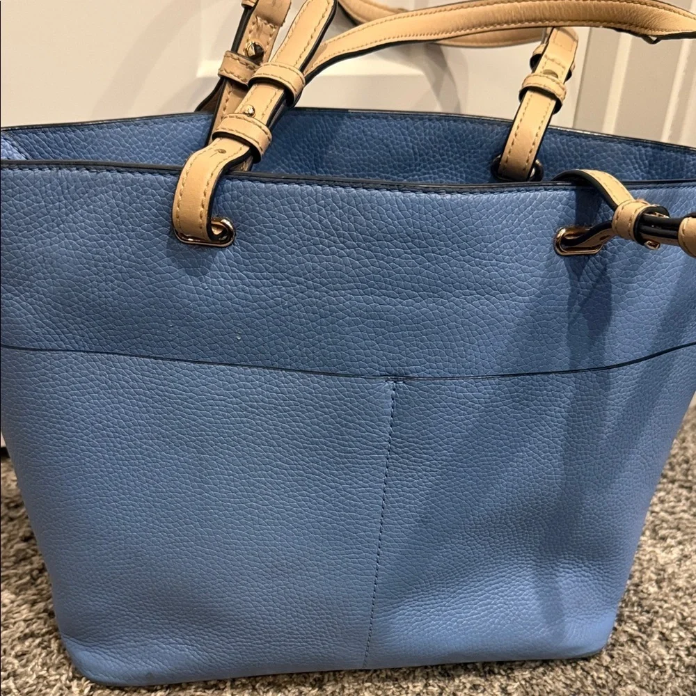 Michael Kors Blue Tote Tan Handles leather beach purse handbag designer sky